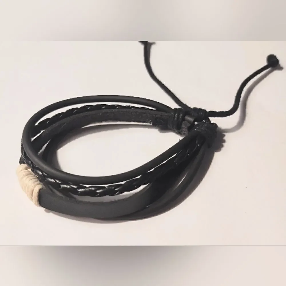 Men's bracelet‎ leather braided layered black new d50